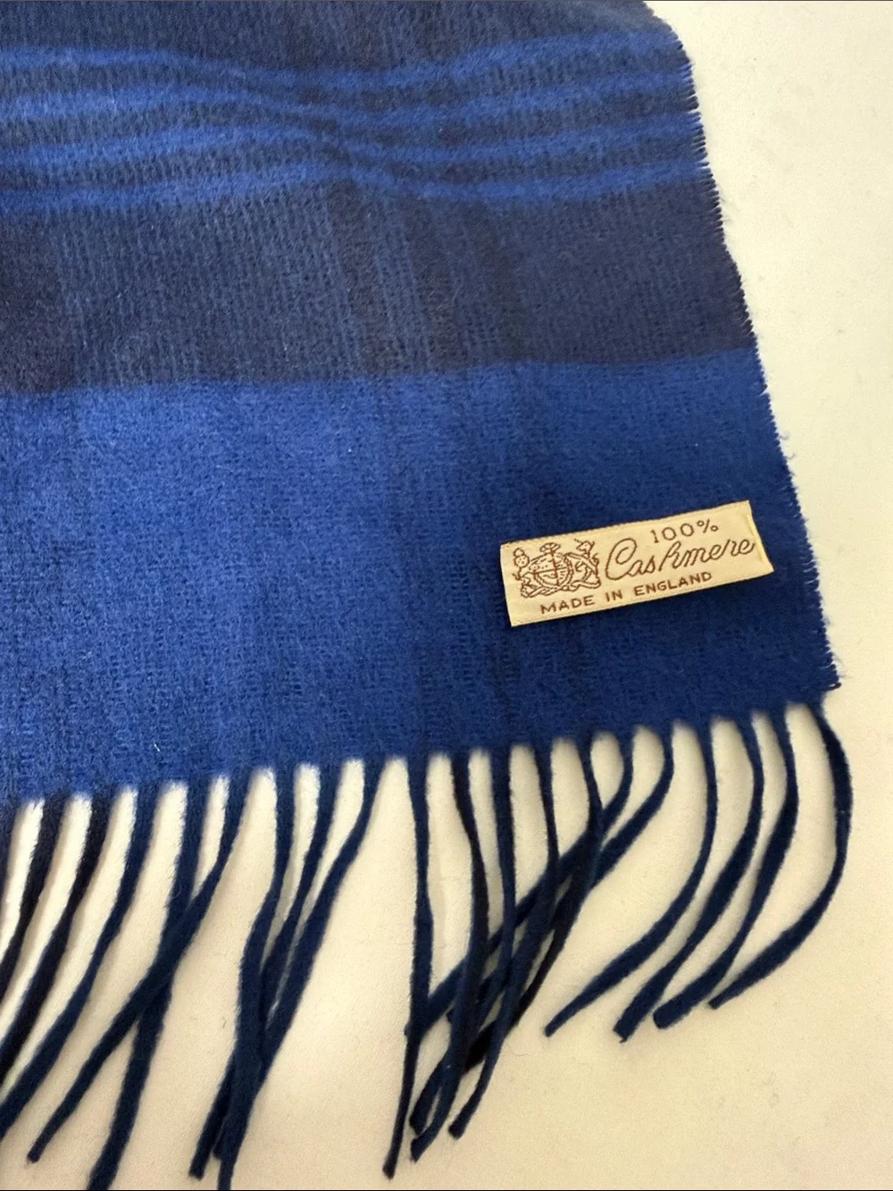 100% Cashmere Made in England Blue Striped Scarf with Fringe